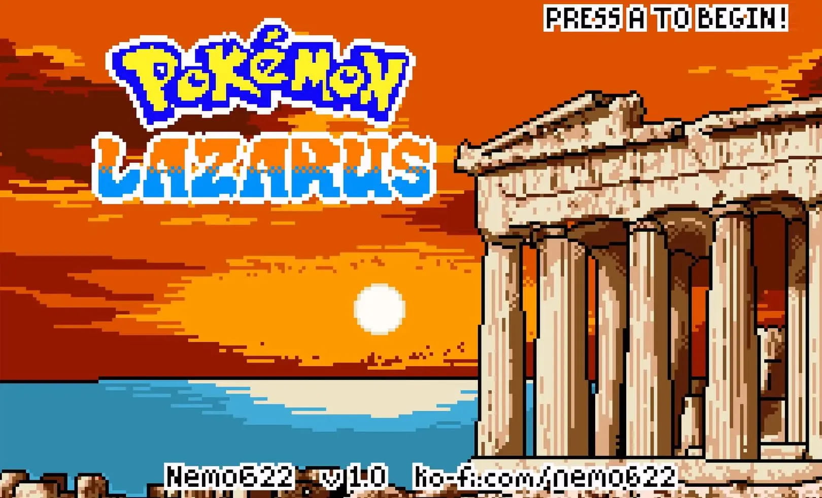 Pixel art de la pantalla de Start del juego donde se ve un panteón griego en una colina mientras está la naranja puesta de sol